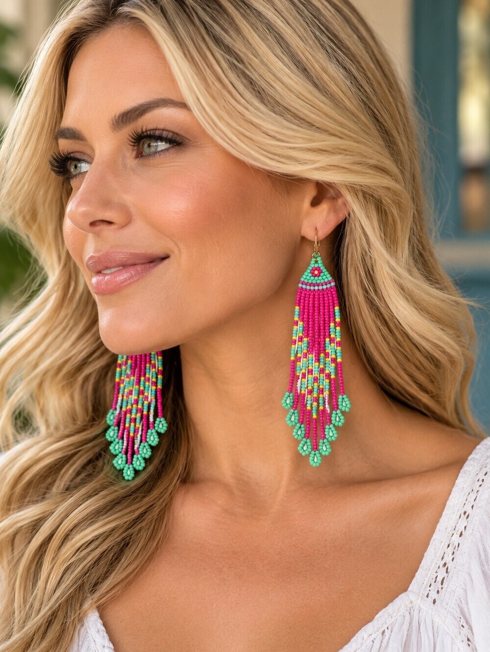 Colorful Hand-crafted Glass Beaded Tassel Earrings 4.92"